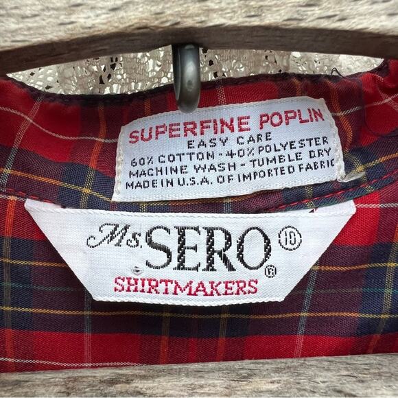VTG Ms. Sero Red Poplin Christmas Plaid Ruffle Lace L/S Button Up Blouse Size 10 - Picture 4 of 7